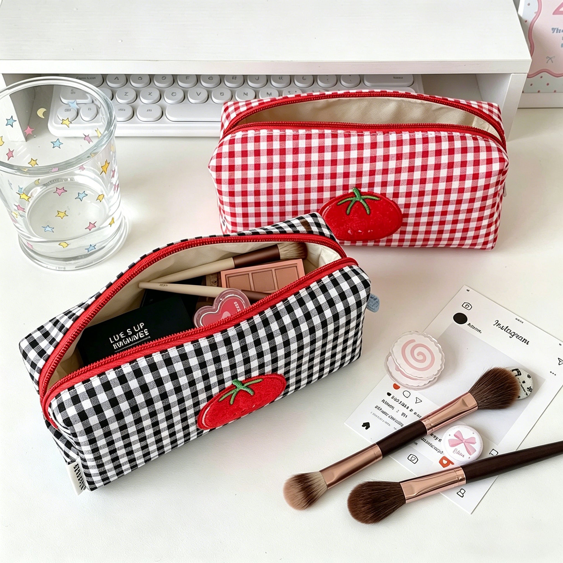 Cute Tomato Embroidery Plaid Print Makeup Bag MK2BW6S10BOB56