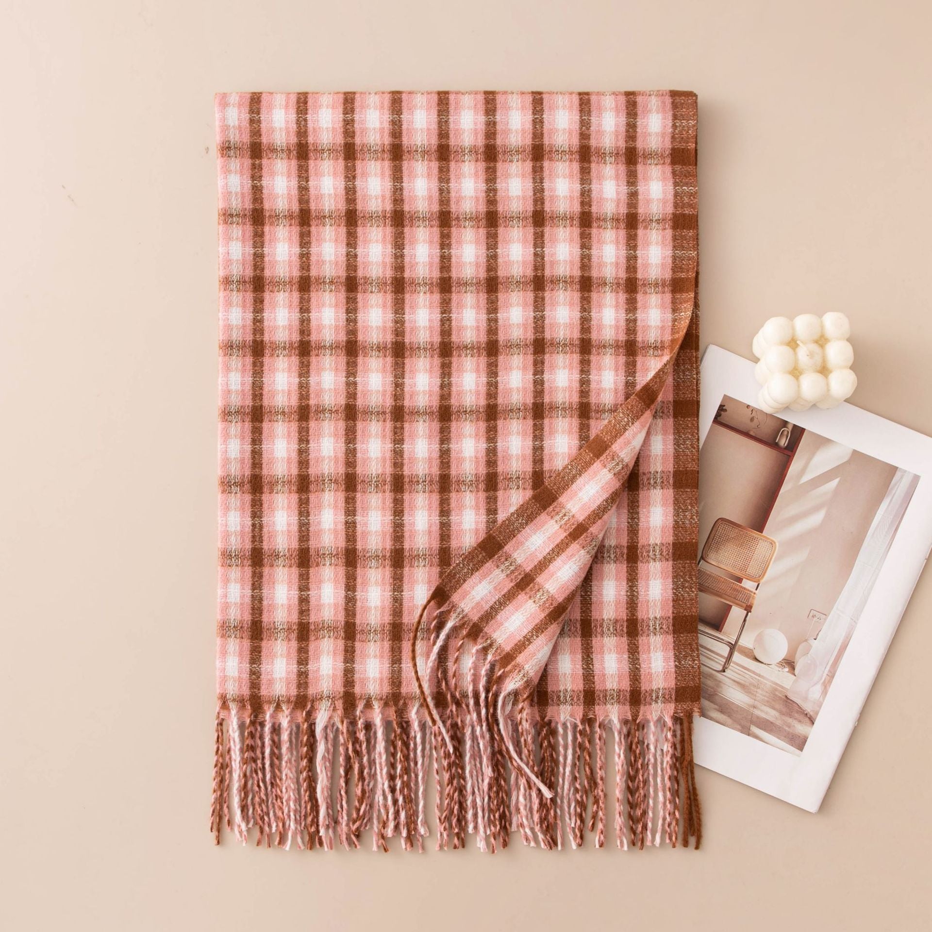 Warm Color Block Plaid Tassel Scarf 6W6NSW285