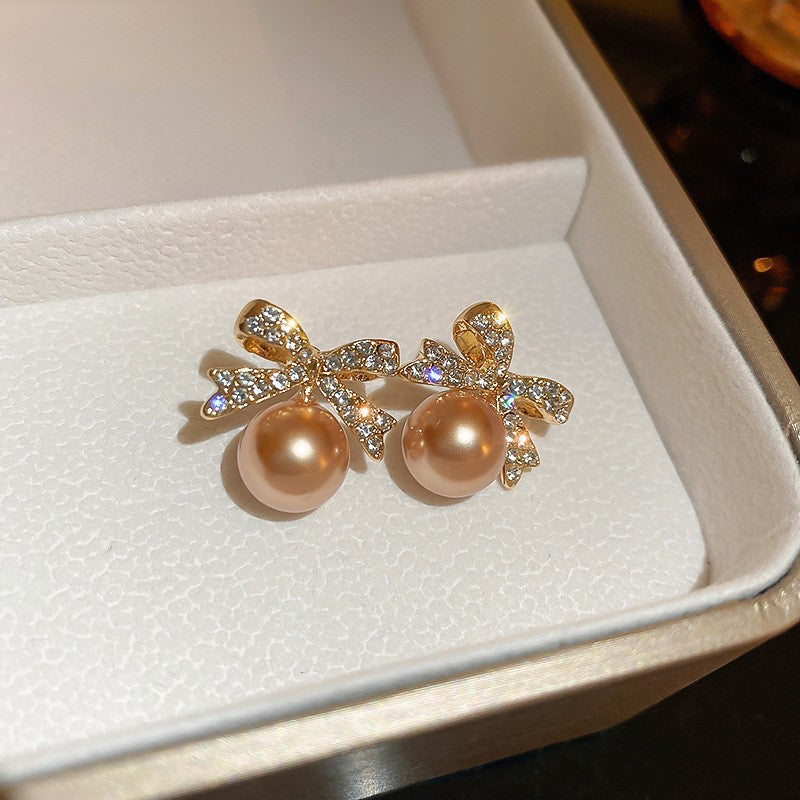 Chic Rhinestones Bowknot Pearl Pendant Earrings 6W6JER802