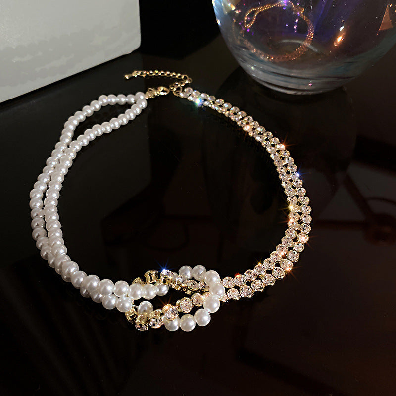 Elegant Double Layer Rhinestones Pearl Pendant Necklace 6W6JNC924