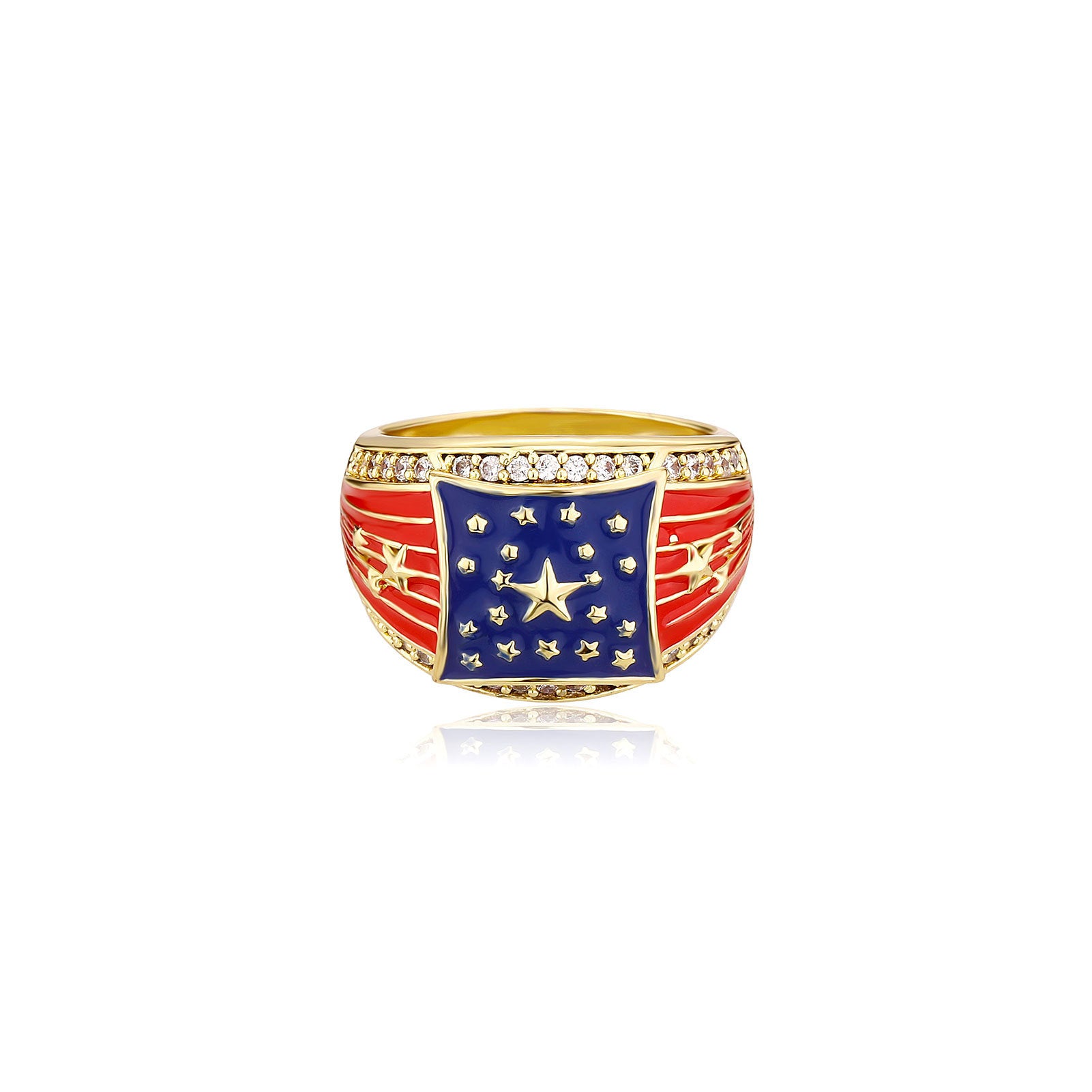 Chunky Gold Plated USA Flag Rhinestones Wide Ring 8ZA6JRG205T