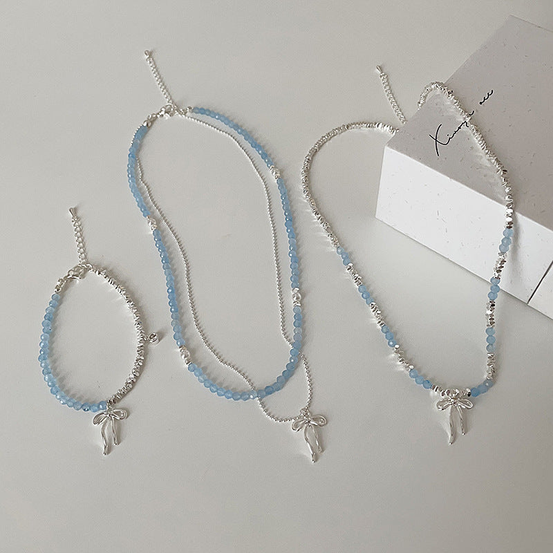 Fresh Blue Crystal Bowknot Beaded Necklace 6W6JNC434