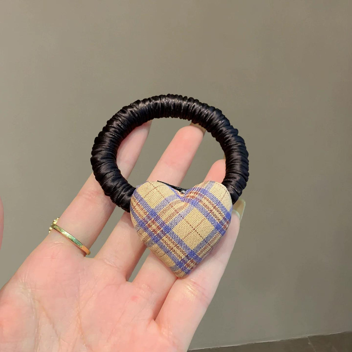 Cute Plaid Heart Elastic Ponytail Holder Hair Tie 6W6HSR461