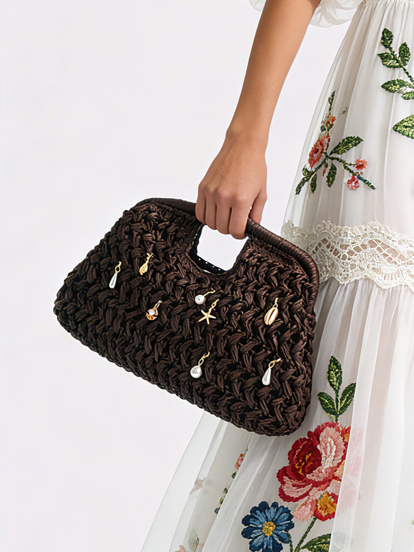 Elegant Pearl Hollow Out Straw Hand-Woven Tote Bag 8BW6BBG429T