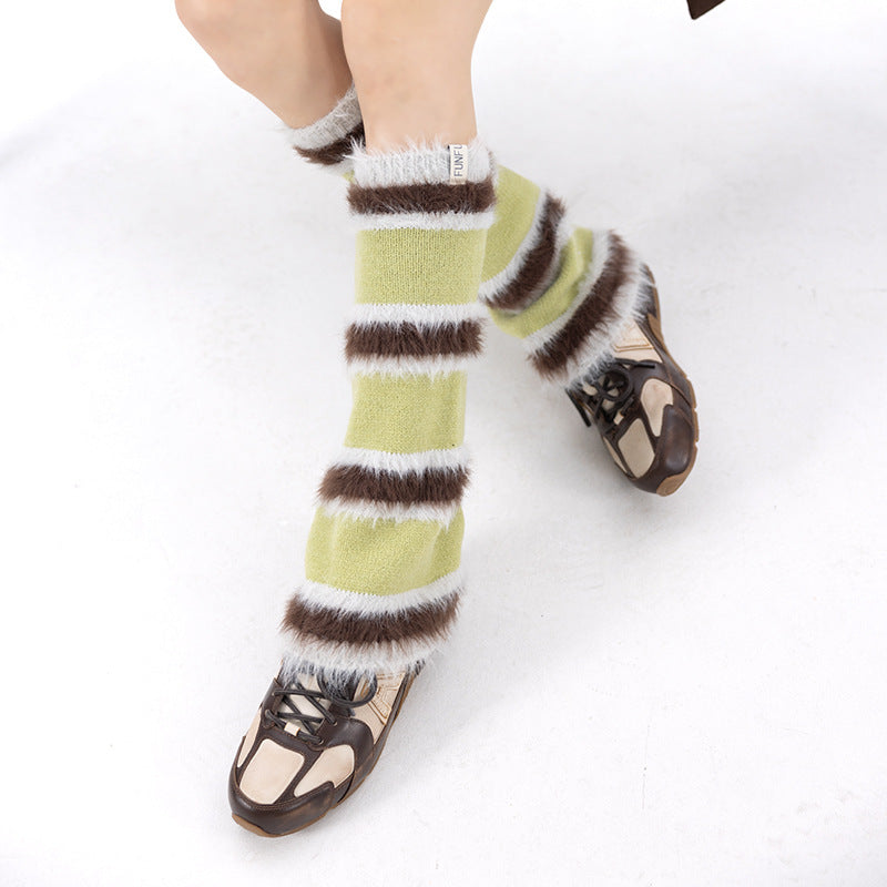 Winter Thicken Plush Striped Knit Slouch Leg Warmers 6W8FSO870