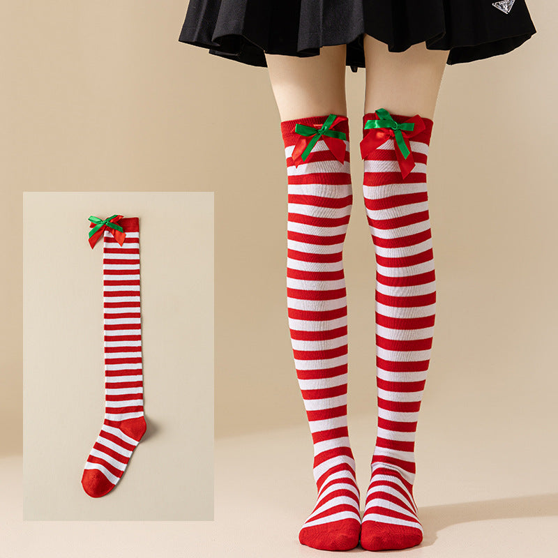 Christmas Bow Pom Pom Thigh High Socks 6W8FSO914