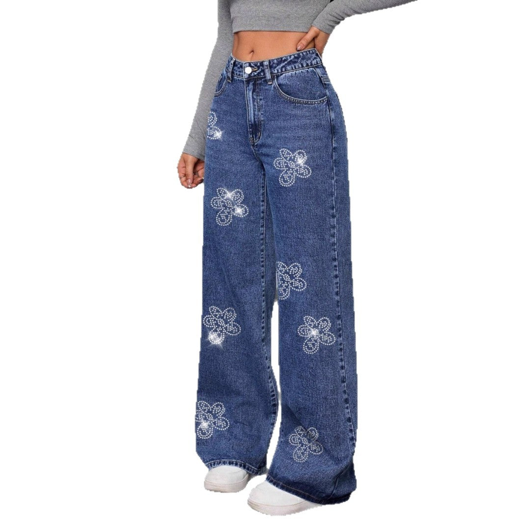 Sparking Rhinestone Flower Straight Leg Baggy Jeans DP25G905