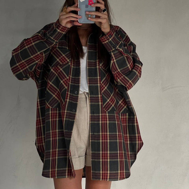 Vintage Plaid Long Sleeve Oversized Shirt DP25F527