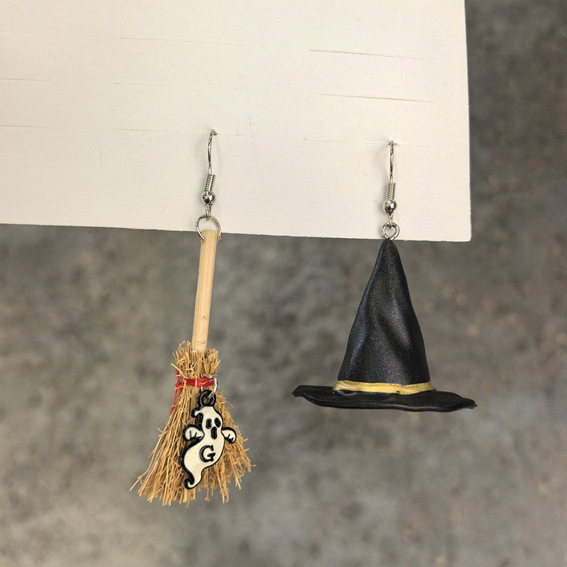 Halloween Witch Hat Broom Asymmetrical Dangle Earrings 6W6JER546
