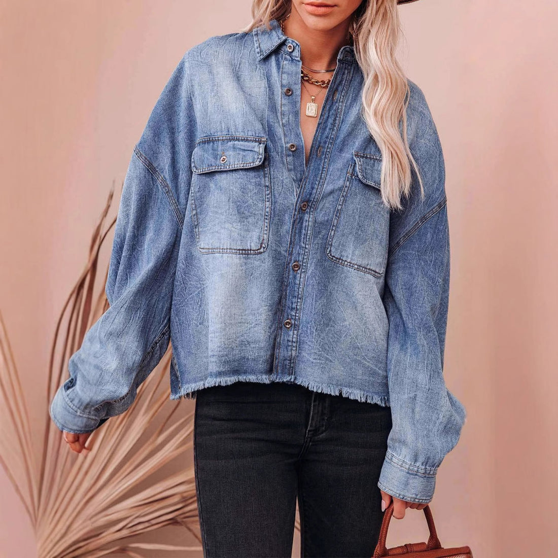 Loose Lapel Collar Long Sleeve Denim Shirt DP25E824