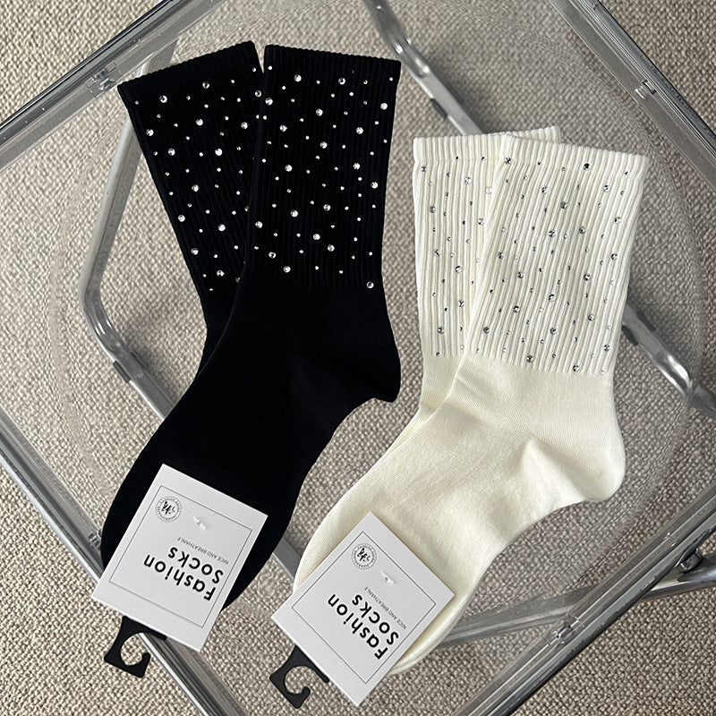 Rhinestone Ribbed Simple Cotton Socks DP25A438