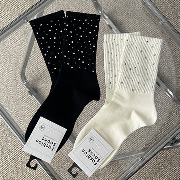 Rhinestone Ribbed Simple Cotton Socks DP25A438