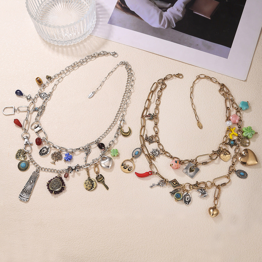 Boho-Style Double Layer Heart Pendant Necklace 6W6JNC619