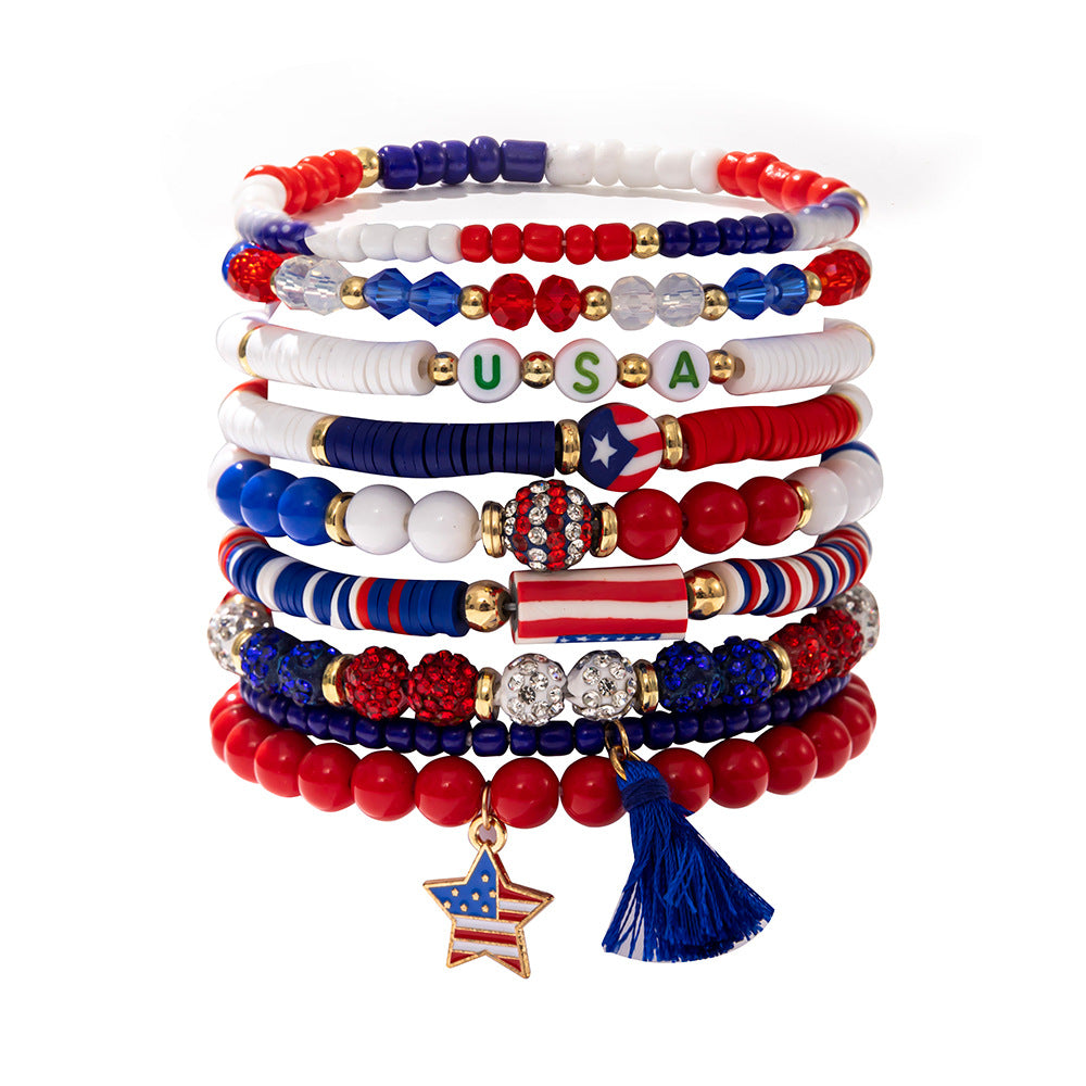Stylish USA Flag Elastic Beaded Chain Bracelets Set 8ZA6JBR301L
