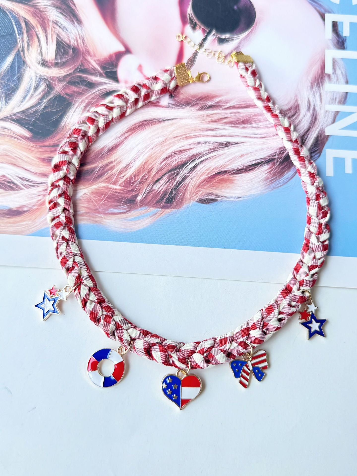 Hand Woven USA Flag Umbrella Pendant Choker Necklace 8ZA6JNC287T