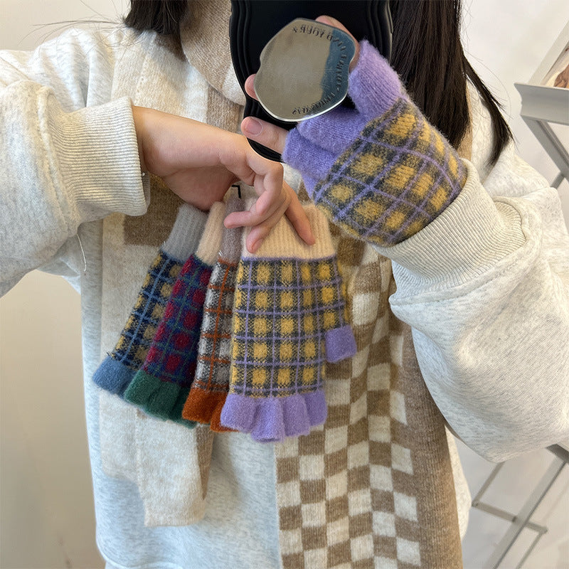 Plaid Knit Fingerless Gloves - DippedShop Wholesale - #0595