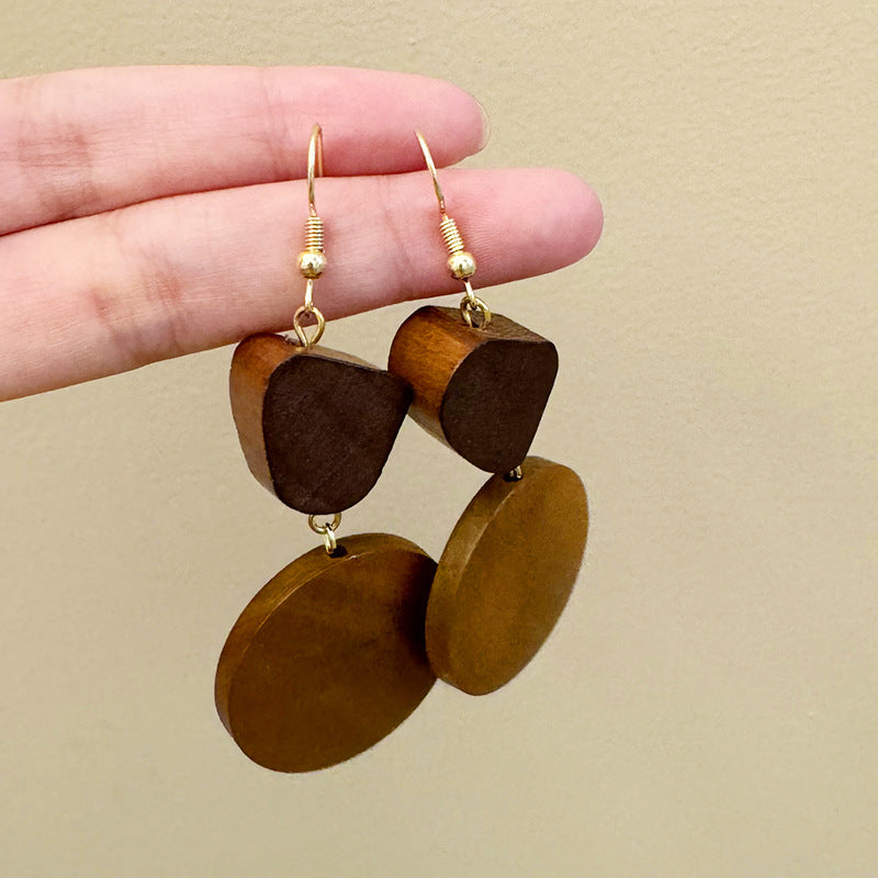 Vintage Wood Disc Pendant Dangle Earrings 6W6JER556
