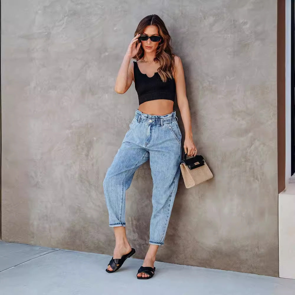 High Waist Washed Straight Leg Jeans DP25A487