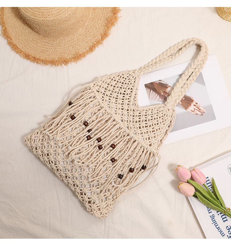 Trendy Wooden Beaded Tassel Hollow Shoulder Bag 8BW6BBG437L