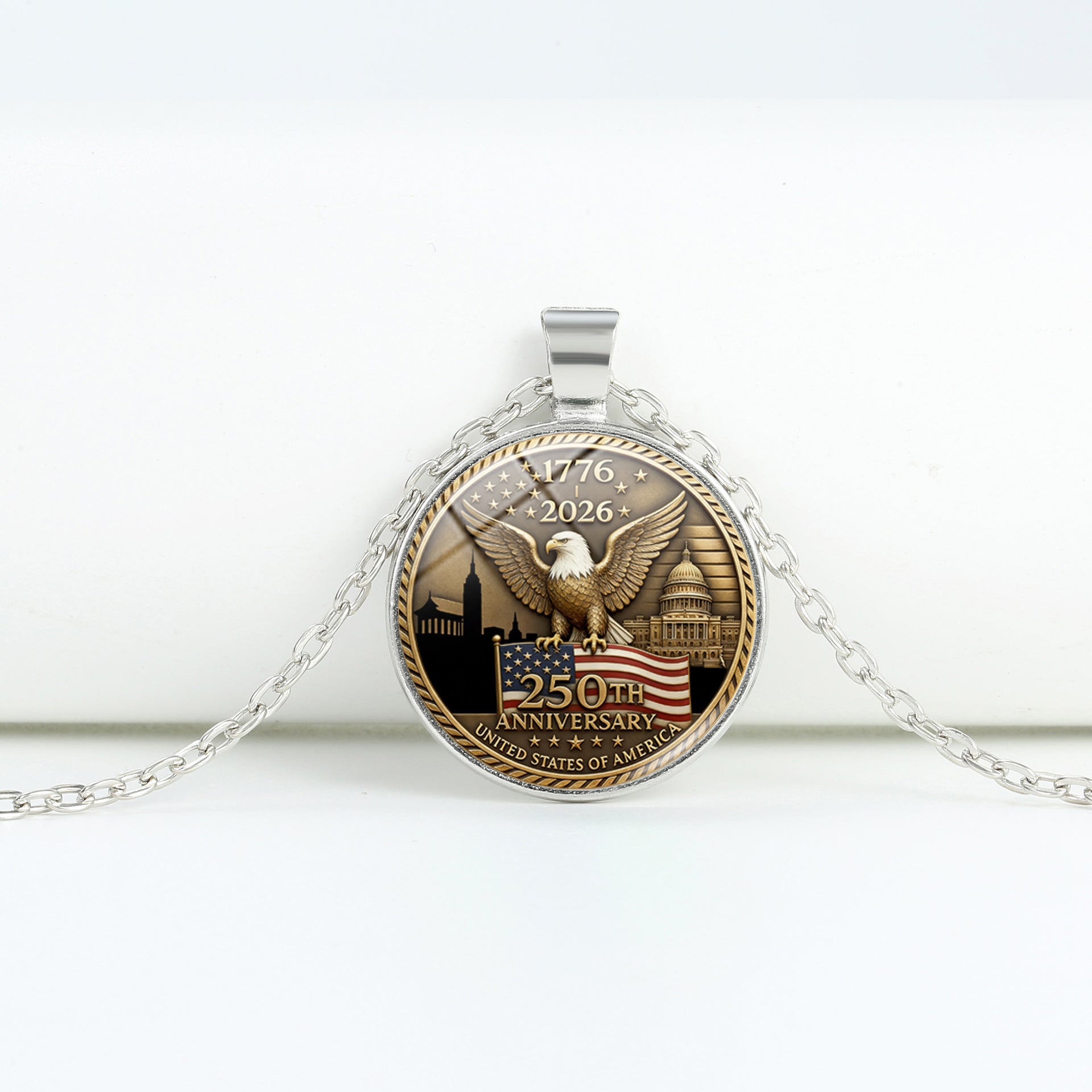 Retro USA Flag Pattern Round Pendant Chain Necklace 8ZA6JNC278T