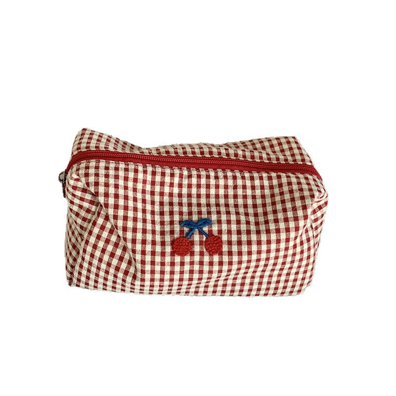 Cute Cherry Embroidery Plaid Print Makeup Bag MK2BW6S10BOB55