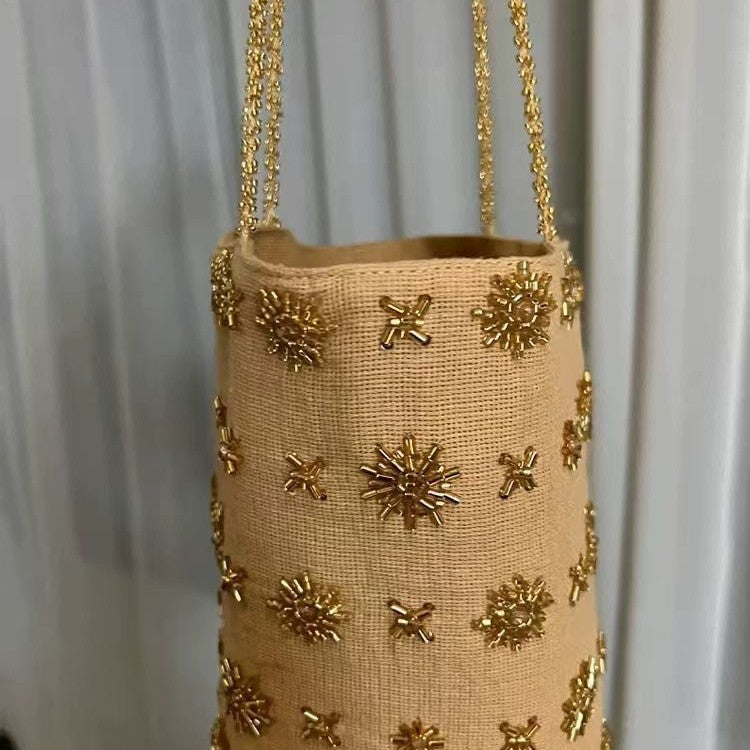 Trendy Metal Beaded Embroidery Denim Bucket Bag 6S10BBG1459