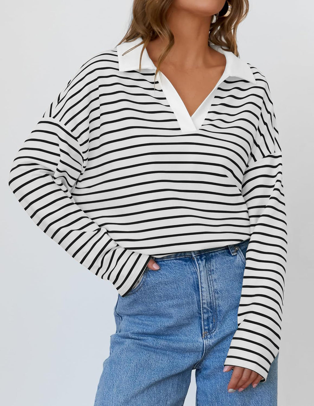 Lapel Striped Color Block Pullover Sweatshirt DP25D682