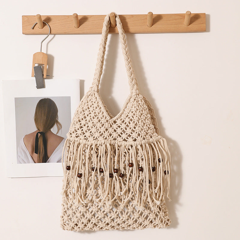 Trendy Wooden Beaded Tassel Hollow Shoulder Bag 8BW6BBG437L