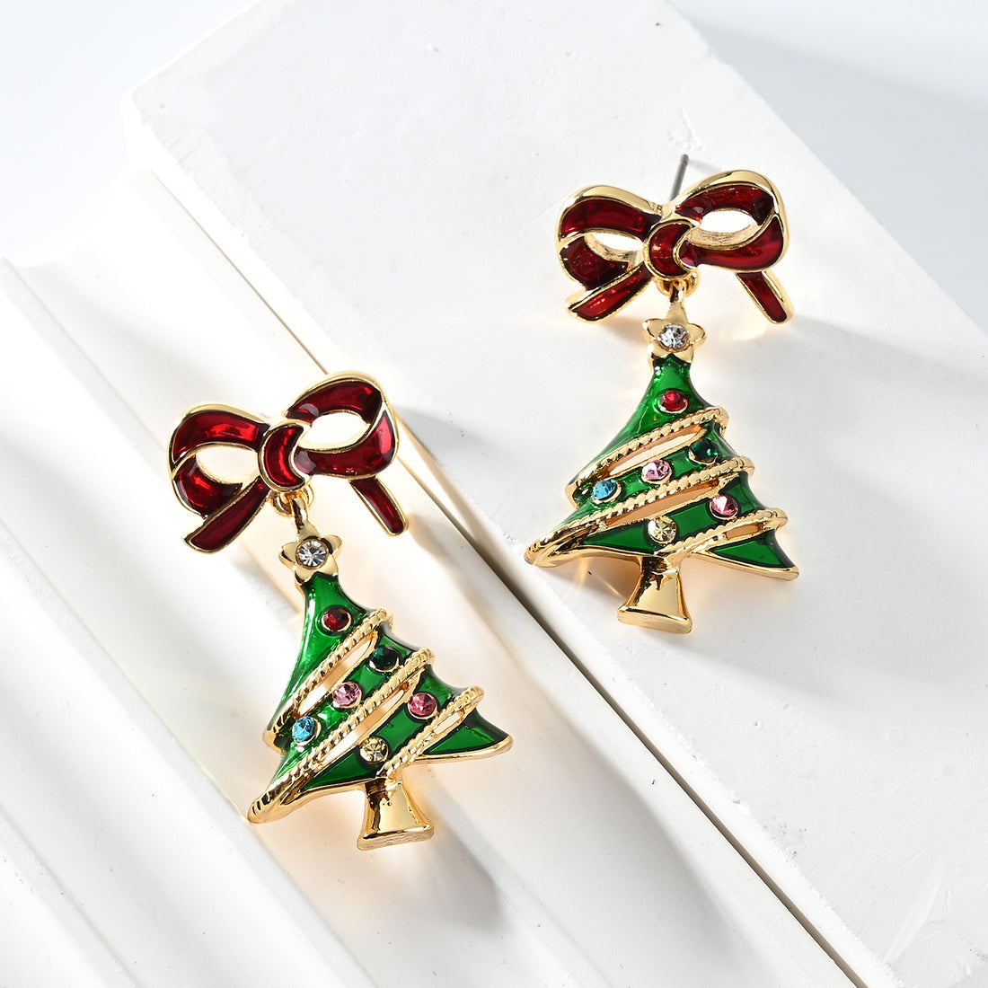 Bowknot Christmas Tree Pendant Stud Earrings DPJE1903