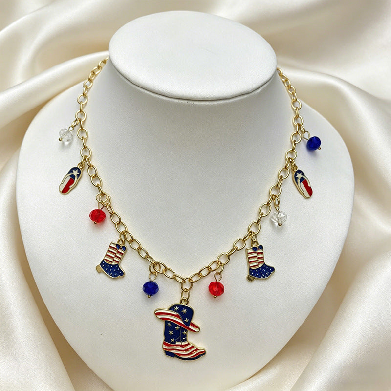 Retro USA Flag Hat Pendant Tassel Necklace 8ZA6JNC289L