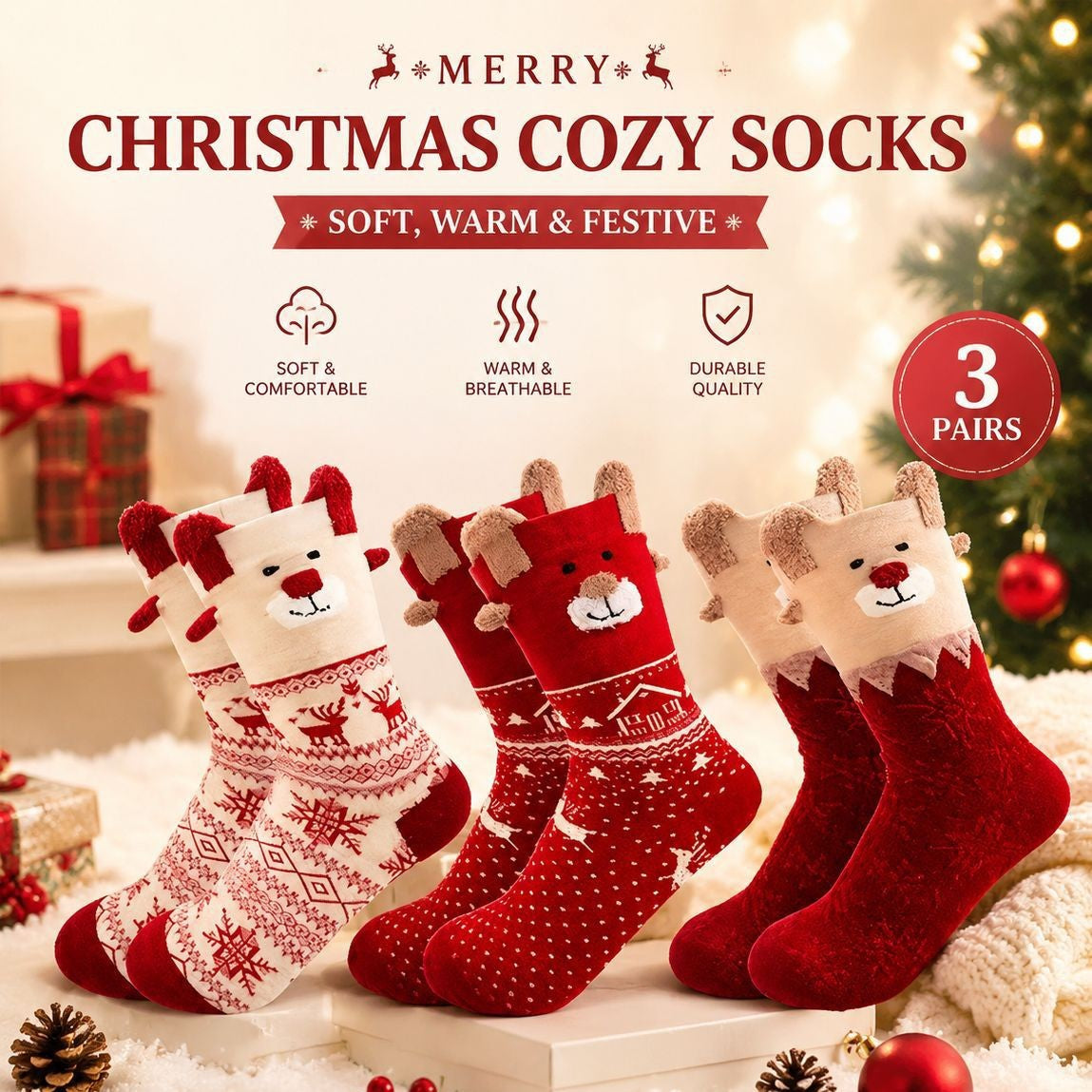 3D Animal Ear Cute Christmas Red Socks 6W8FSO897