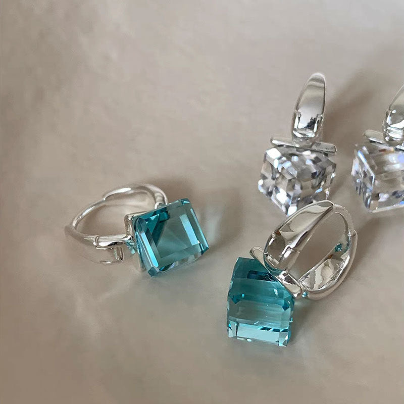 Minimlaist Blue Cube Dangle Hoop Earrings 6W6JER596