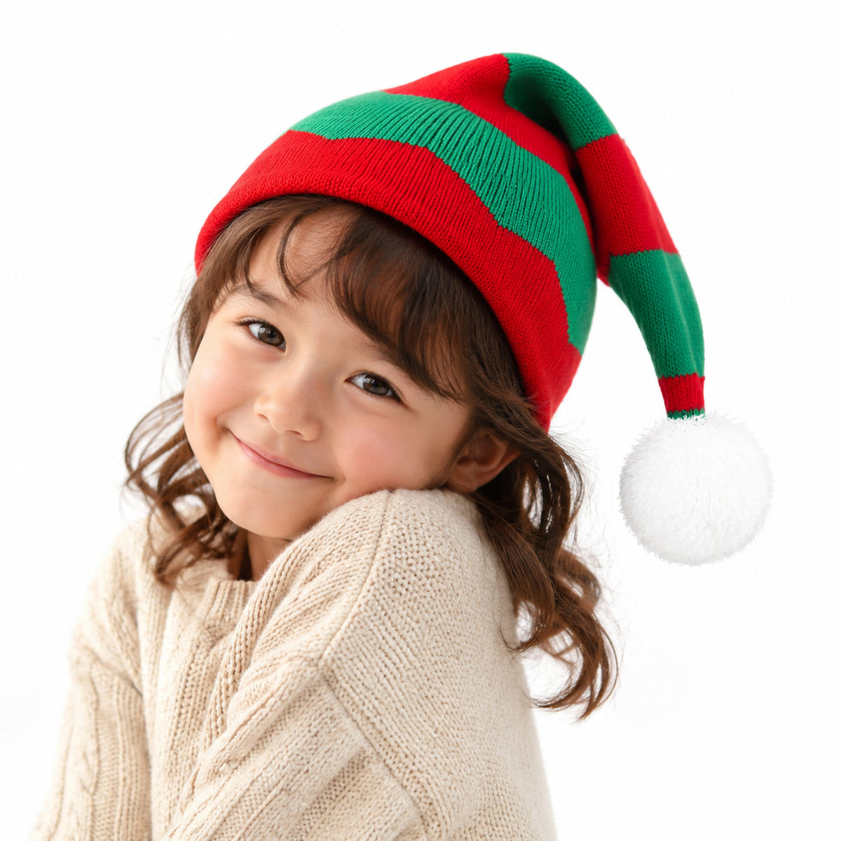 Christmas Color Block Striped Knit Beanie with Pompom 6W6HAT827