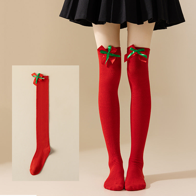 Christmas Bow Pom Pom Thigh High Socks 6W8FSO914