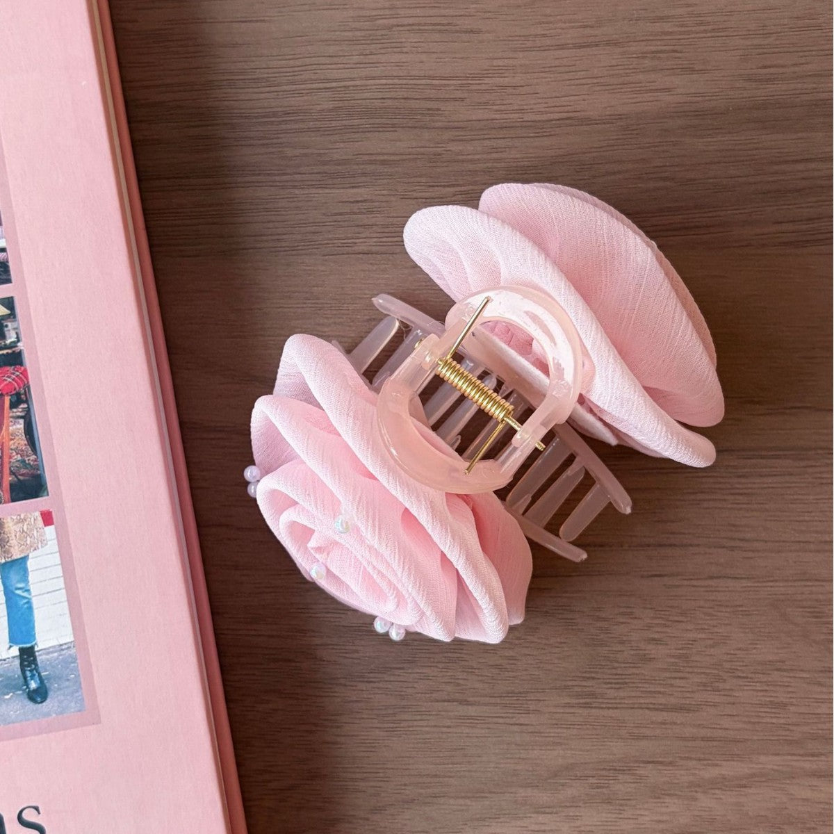 Elegant Pink Rose Flower Pearl Hair Claw 6W6HCP1252