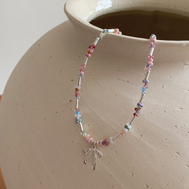 Colorful Crystal Bowknot Pendant Beaded Necklace 6W6JNC443