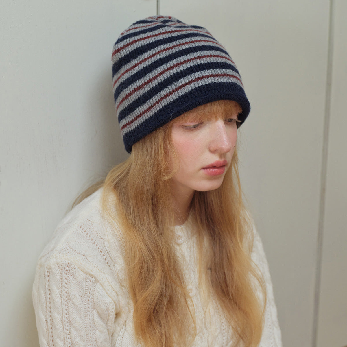 Casual Striped Color Contrast Wool Blend Knit Beanie 6W6HAT540