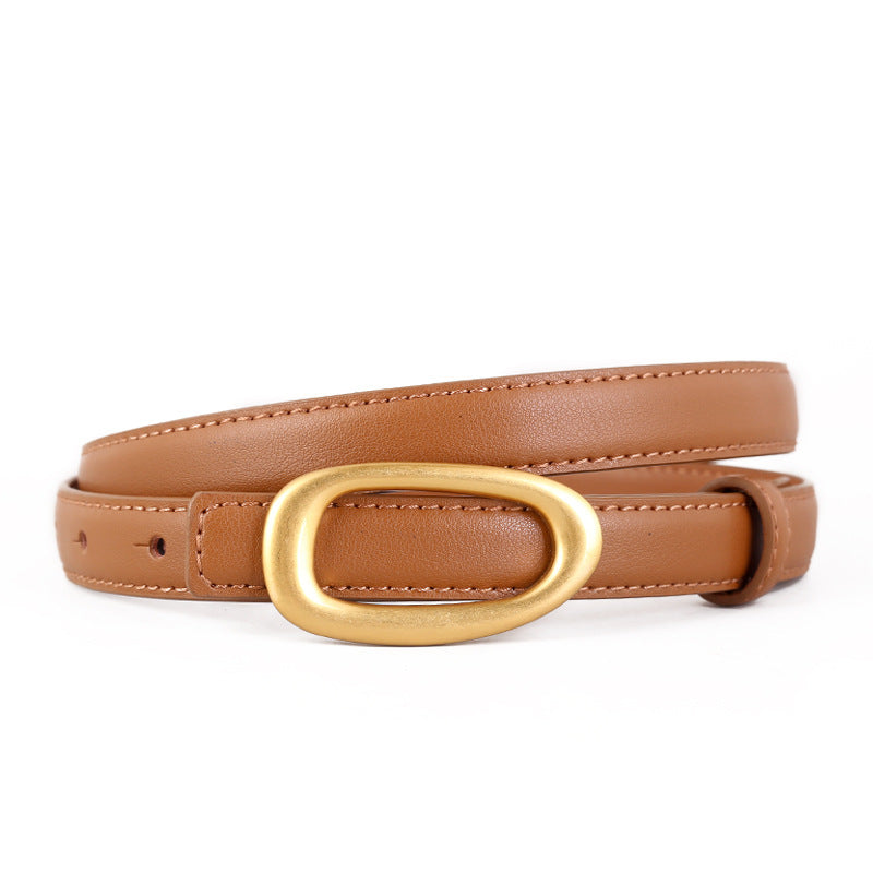 Trendy Gold Oval Buckle Adjustable Leather Belt 6W6JBT161