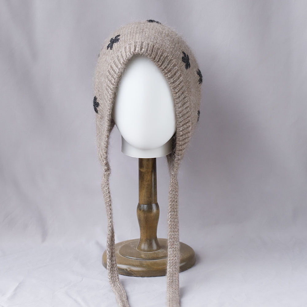 Floral Jacquard Angora Knit Bonnet With Ties 6W6HAT699