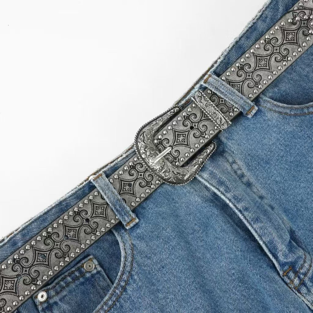Fashion Floral Embossed Studded Leather Belt MK2LEEP6W6JBT37