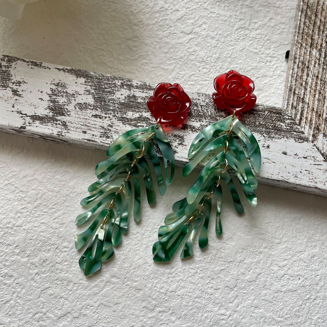 Vintage Red Rose Leaf Tassel Dangle Earrings DP25D845
