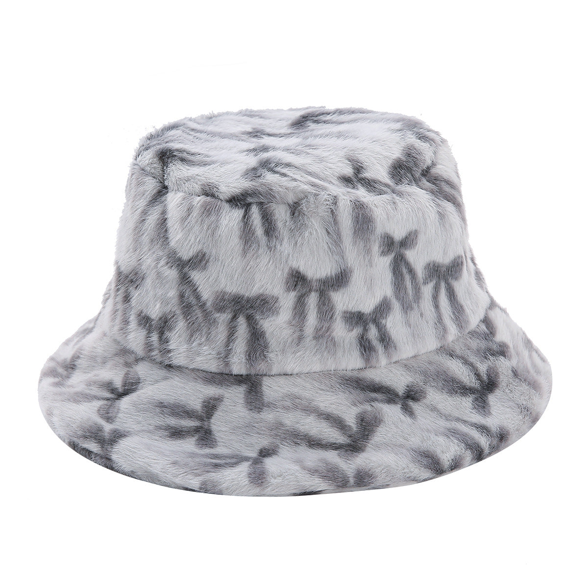 Fuzzy Plush Bow Knot Print Warm Bucket Hat 6W6HAT812