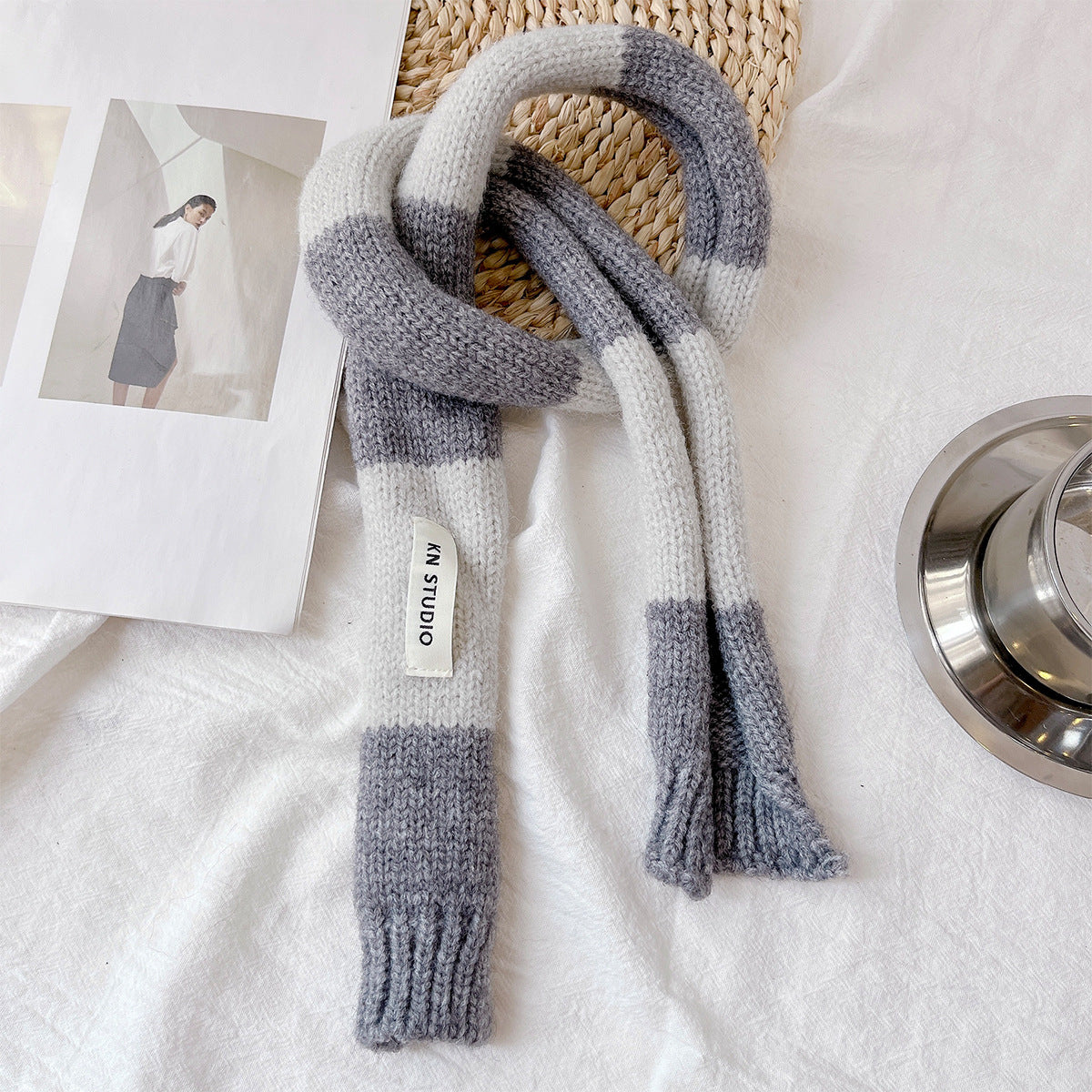Cute Color Block Striped Knit Slim Scarf 6W6NSW260
