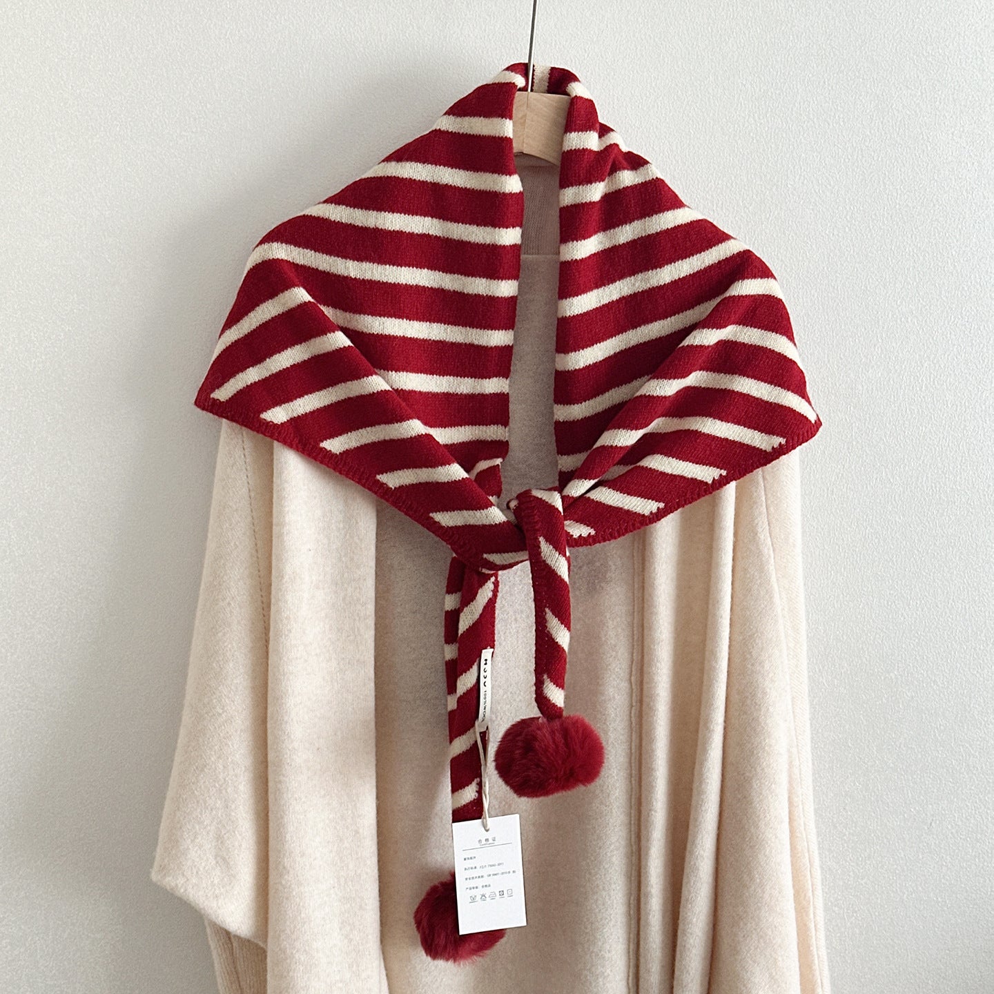Cute Pom Striped Triangle Shawl Knit Scarf 6W6NSC98