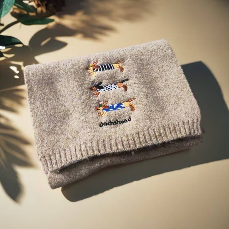 Cute Dachshund Embroidery Warm Knit Scarf 6W6NSC131