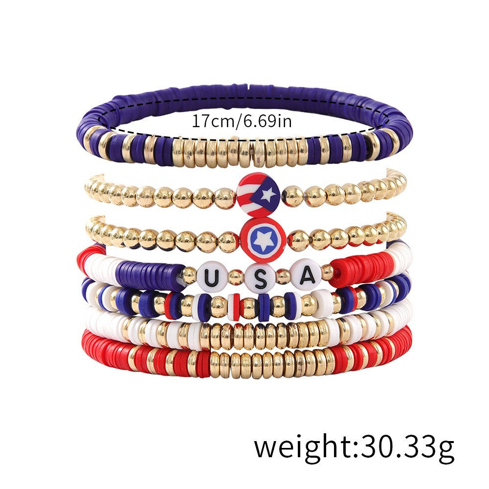 Stylish USA Flag Elastic Beaded Chain Bracelets Set 8ZA6JBR301L