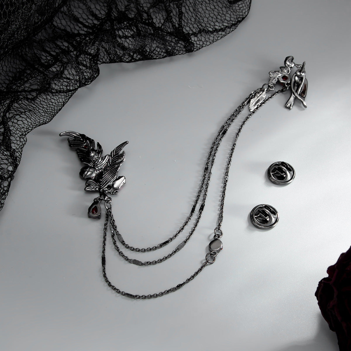 Dark Gothic Feather Rose Red Crystal Brooch 6W6JPB65