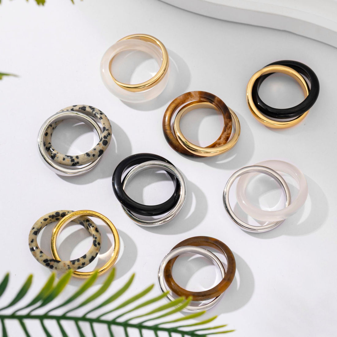 Layered Natural Stone Metal Rings DP25B820