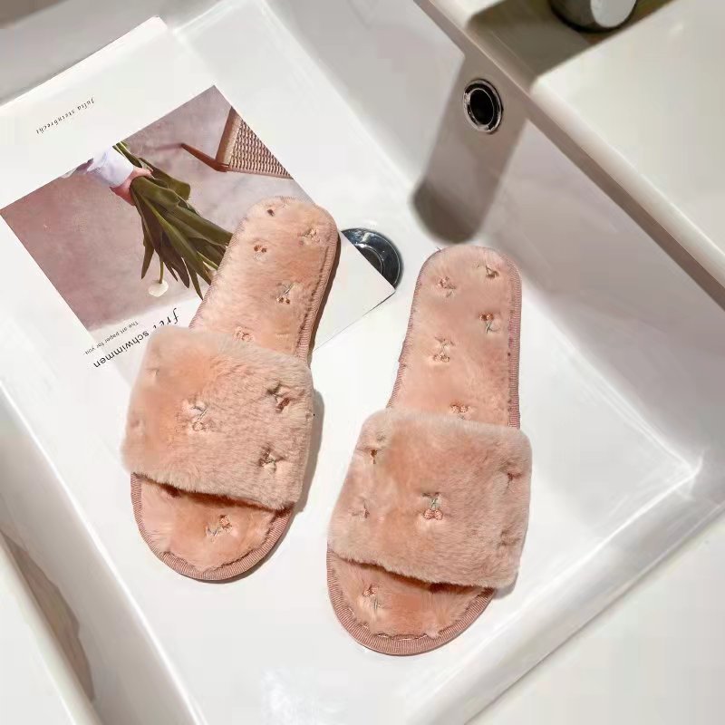 Plush Cherry Embroidered Slippers - DippedShop Wholesale - #5955