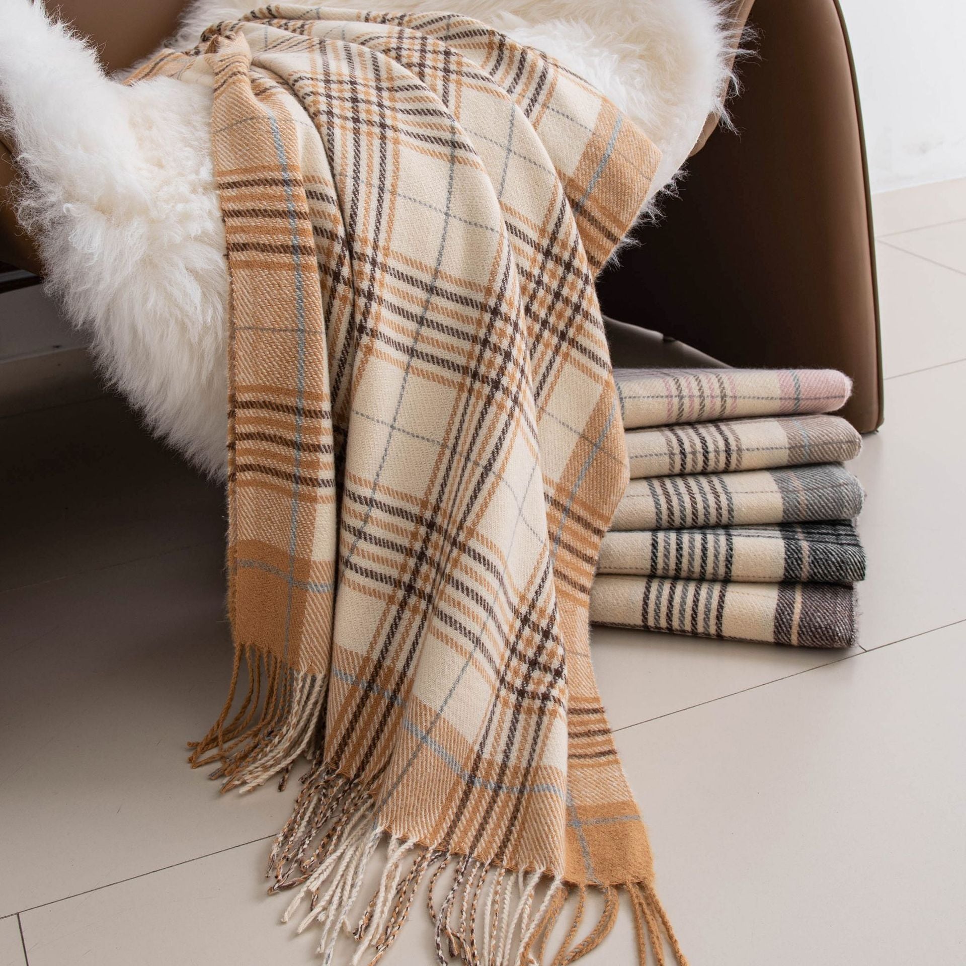 Minimalist Plaid Tassel Imitation Cashmere Scarf 6W6NSW292